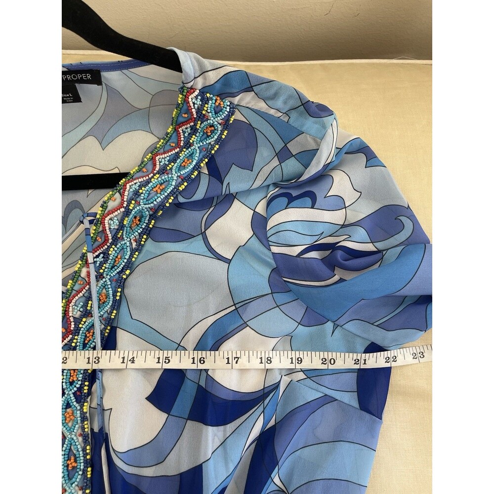 Boston Proper Women's Size L Blue Beaded Embroidered Tassel Tunic 3/4 Sleeve - Picture 5 of 9